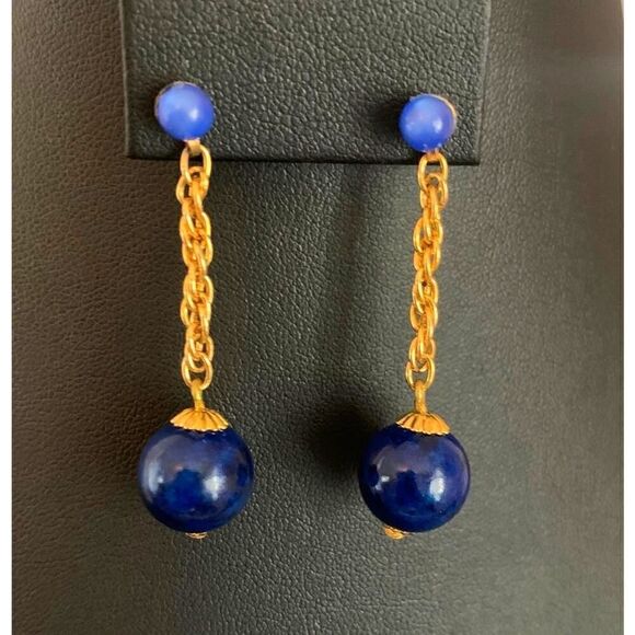 P Royal Blue Drop earrings, in Gold plate, Vintage, Marked - Picture 1 of 4